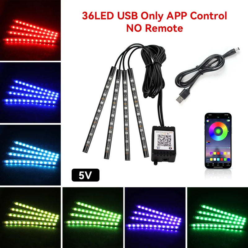 Luz de Ambiente RGB para Carro – Faixa de LED com Controle e Conexão USB