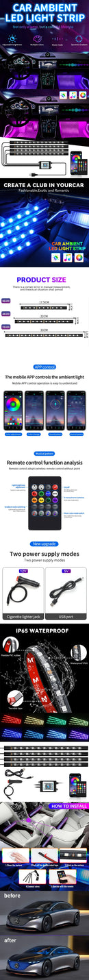 Luz de Ambiente RGB para Carro – Faixa de LED com Controle e Conexão USB