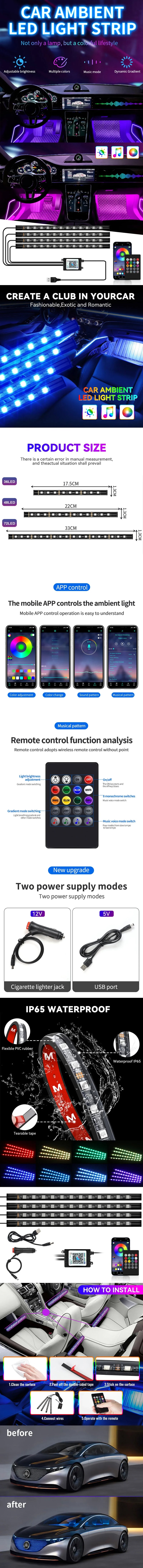 Luz de Ambiente RGB para Carro – Faixa de LED com Controle e Conexão USB