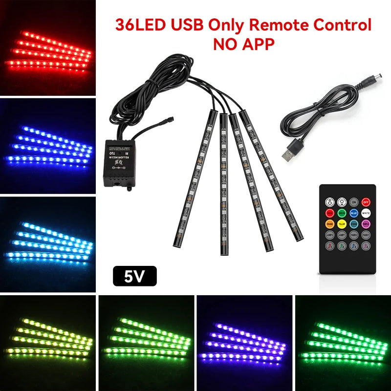 Luz de Ambiente RGB para Carro – Faixa de LED com Controle e Conexão USB