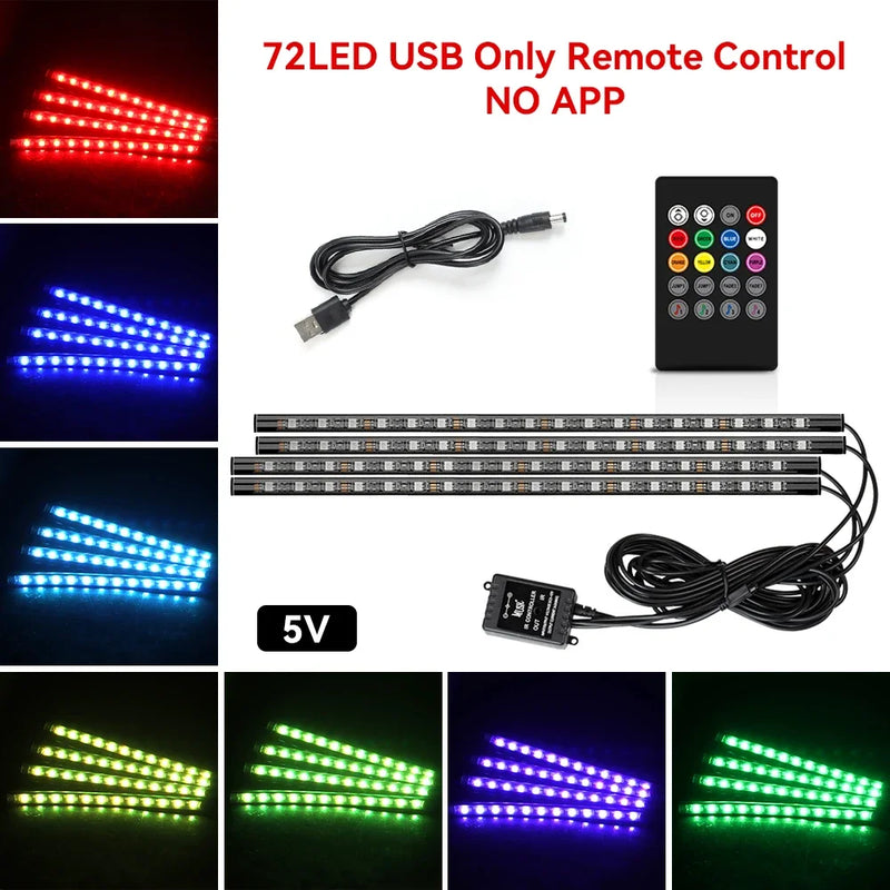 Luz de Ambiente RGB para Carro – Faixa de LED com Controle e Conexão USB