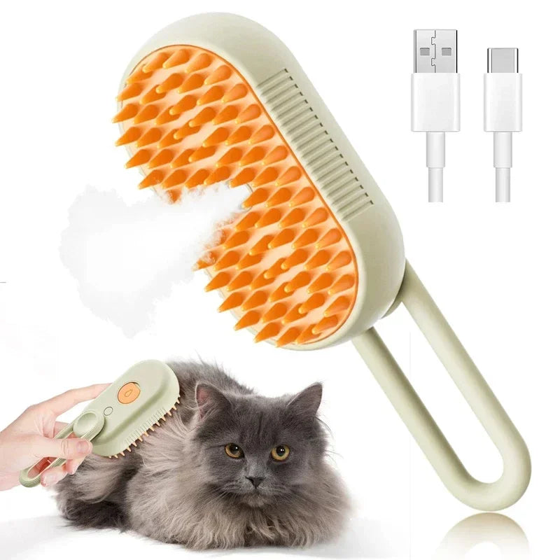 Escova a Vapor 3 em 1 para Pets – Remoção de Pelos e Massagem para Cães e Gatos