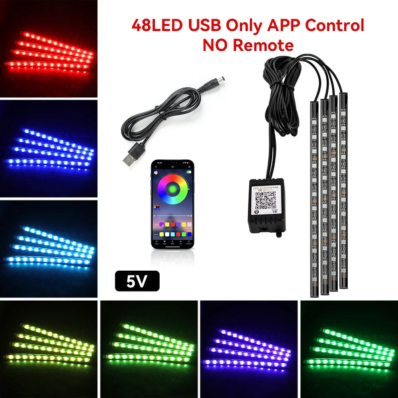 Luz de Ambiente RGB para Carro – Faixa de LED com Controle e Conexão USB